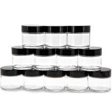 Vivaplex 12 klare 2 oz runde glaskrukker med indre liners og sorte l?g