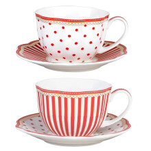 Grace Teaware Red Dot Stripes Scallop 9-Ounce porseleinen thee-/koffiekop en schotel set van 2 (G1960264RD-2)