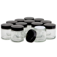 Vivaplex 12 klare 4 oz runde glaskrukker med indre liners og sorte l?g