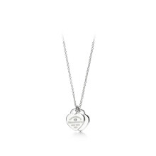 (Silver Diamond Double Heart Necklace) Classic T-Home Double Heart Heart Pendant with Drip Glue and Diamond Plated Gold Plated Love Ti Family Fashion Necklace