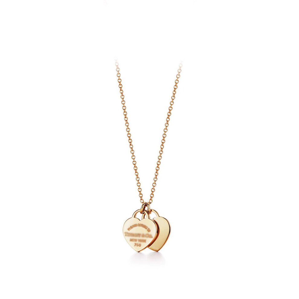 (Golden Double Heart Necklace) Classic T-Home Double Heart Heart Pendant with Drip Glue and Diamond Plated Gold Plated Love Ti Family Fashion Necklace