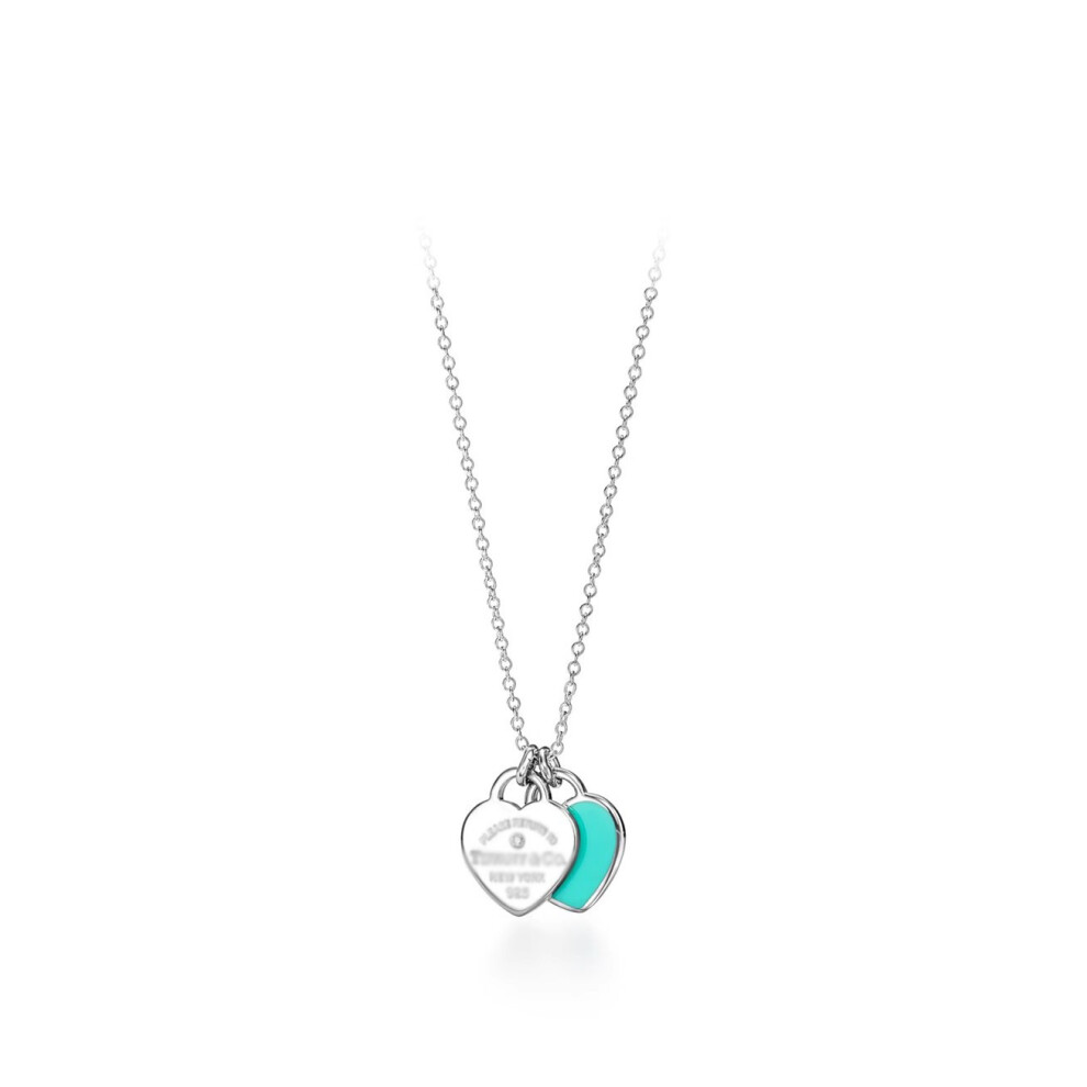 (Silver Double Heart Blue Diamond Necklace) Classic T-Home Double Heart Heart Pendant with Drip Glue and Diamond Plated Gold Plated Love Ti Family Fashion Necklace