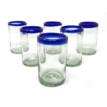 Hand Blown Mexican Drinking Glasses - Set of 6 Juice Glasses with Cobalt Blue Rims (8 oz each)