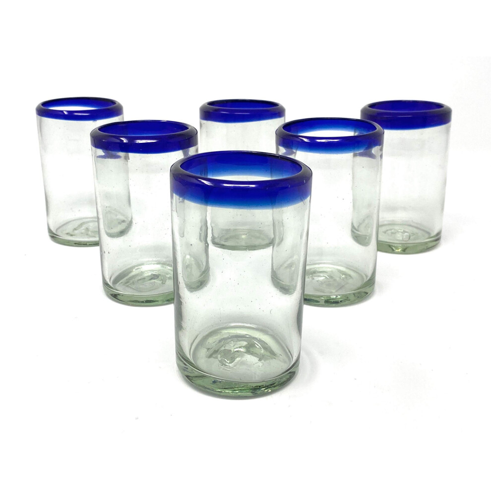 Bicchieri Messicani Soffiati A Mano, Set Di 6 Bicchieri Da Succo Con Bordo Blu Cobalto (226 Ml Ciascuno)-image