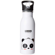 Happy Haystack rostfri vattenflaska med panda design 600 ml med sportstopp (vit)