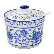 Azucarero de cer   mica azul y blanca 123Arts, tarro para especias con tapa, cuchara y condimentos