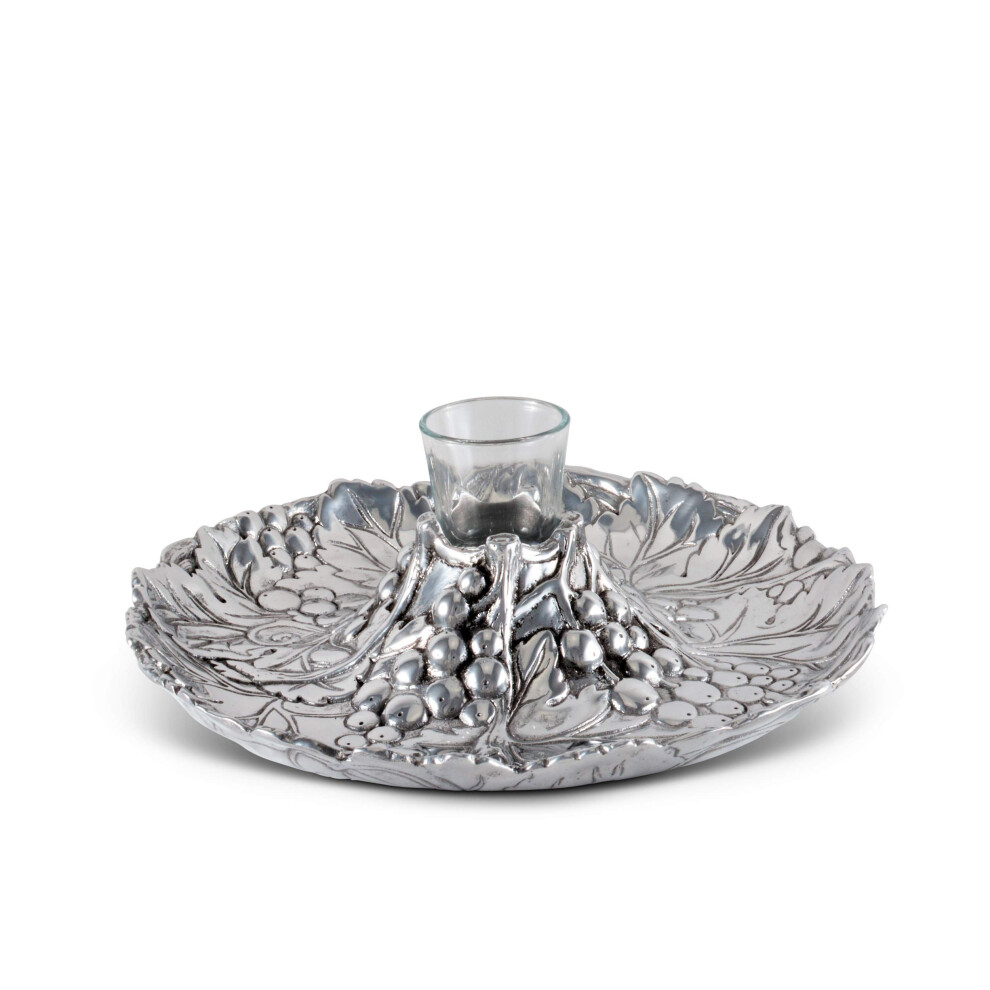 Arthur Court Aluminum Metal Grape Pattern Tidbit Cheese Hors d'oeuvres Tray with Glass for Toothpick - Entertaining Small Platter 10 inch Diameter x 2-image-OPC-PGC69X7-NEW