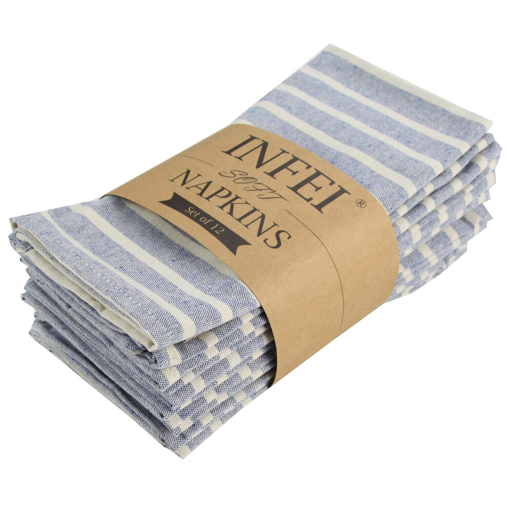 Serviettes de table en coton m   lang        larges rayures INFEI - Lot de 12 (40 x 30 cm) - Pour    v   nements et usage domestique (Bleu)