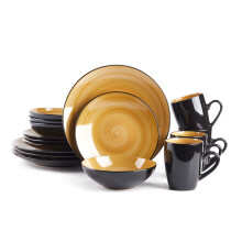 HomeVss Sonoma 16 Piece Stoneware Dinner Set Outside Black + Inside Handpainted Color Yellow with speckle