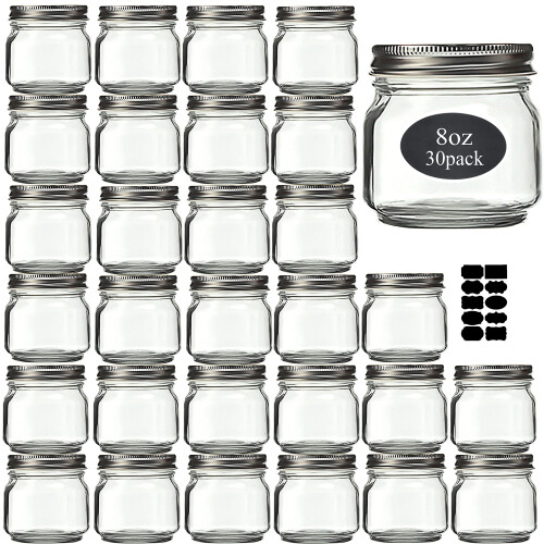 Rainforce Mason Jars 8 oz 30 Pack - Kleine Mason Jars Met Zilveren Deksel - 1/4 Quart Inmaak Jars