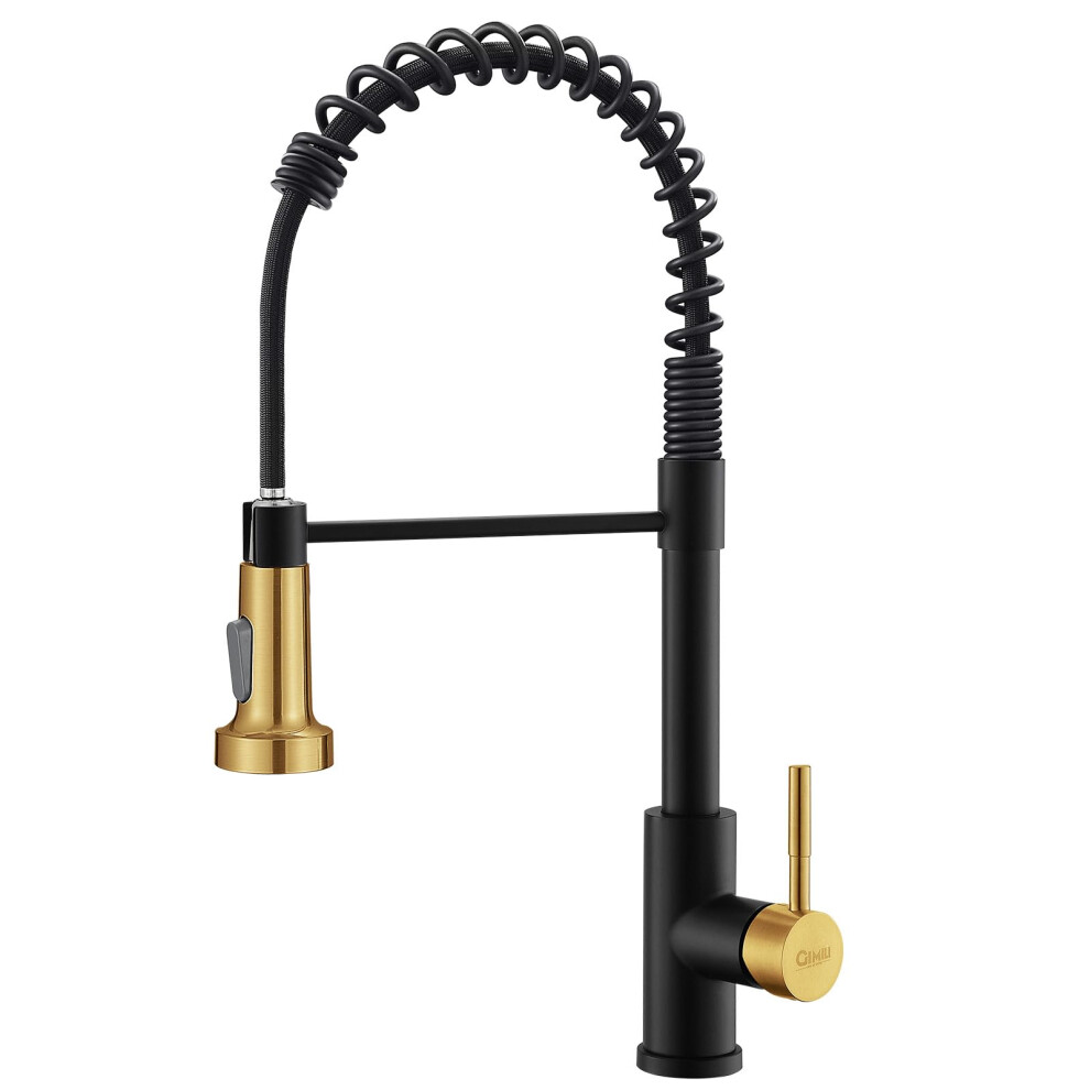 Robinet de cuisine GIMILI avec douchette extractible, robinet d'  vier de cuisine    levier unique    ressort, noir mat et or