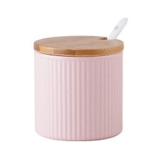 Ceramic Embossed Stripe Sugar Bowl Spice Jar Storage Seasoning Pot with Lid Spoon