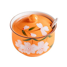 FUYU Hand-painted Flower Ceramic Condiment Pot Seasoning Jar Sugar Bowl with Lid and Spoon