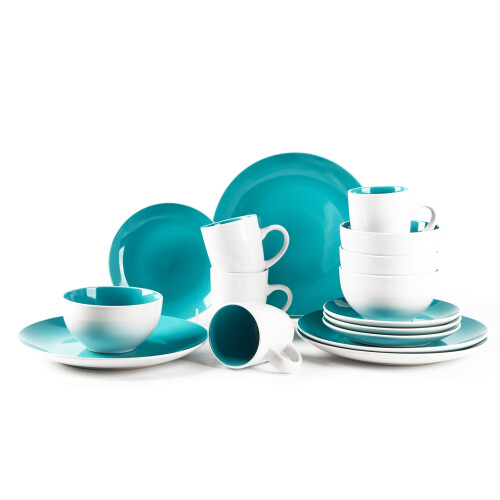 HomeVss  Stoneware Coupe Shape 16pc Dinnerware Set  Outside White + Inside Turquoise