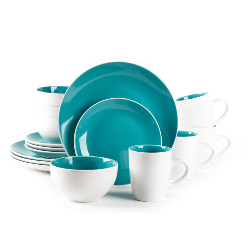 HomeVss  Stoneware Coupe Shape 16pc Dinnerware Set  Outside White + Inside Turquoise 1