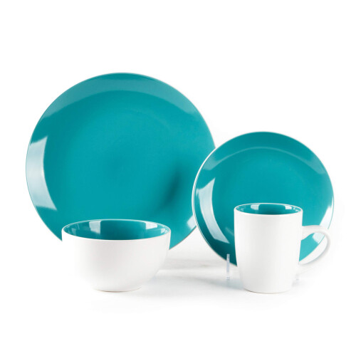 HomeVss  Stoneware Coupe Shape 16pc Dinnerware Set  Outside White + Inside Turquoise 2