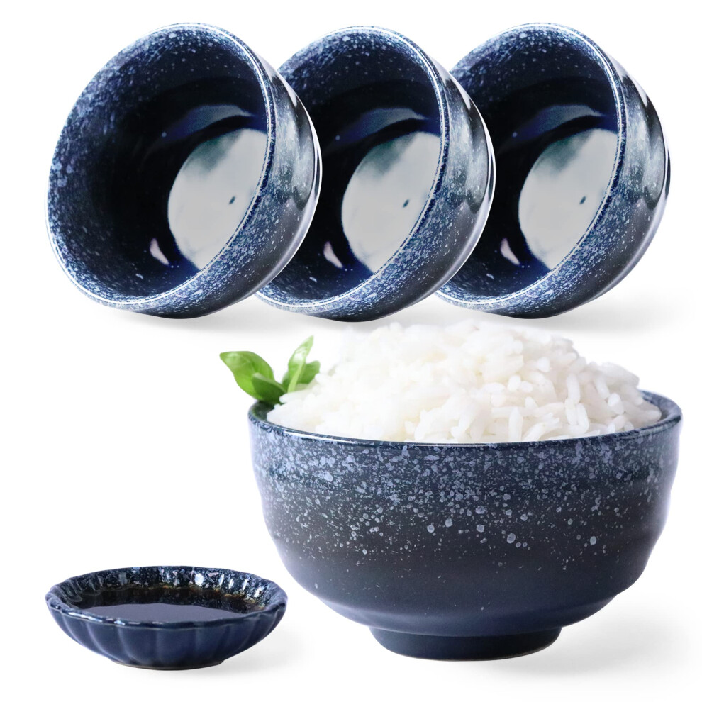 8 Pieces Japanese Fuji Blue Style. 4 Ceramic Miso & Rice Bowls Set Plus 4 Small Soy Sauce bowl Plates Included. 8 oz. Japan  Korean & Chinese. Portion-image-OPC-PGC6BJM-NEW