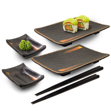 Happy Sales HSMSP-GLDBRU Japanese Style 6 Piece Perfect Sushi Set for Two Melamine Sushi Plates Sauce Dish and Chopsticks Dinnerware Set Gold Brush