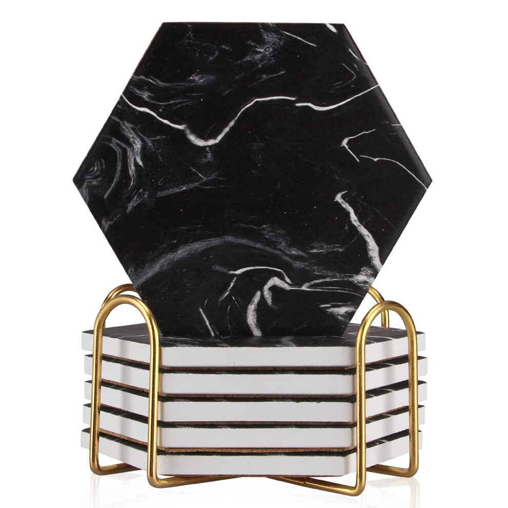 Lot de 6 dessous de verre hexagonaux absorbants en marbre noir avec support, style moderne, en c   ramique, id   al pour d   corer une table basse, un