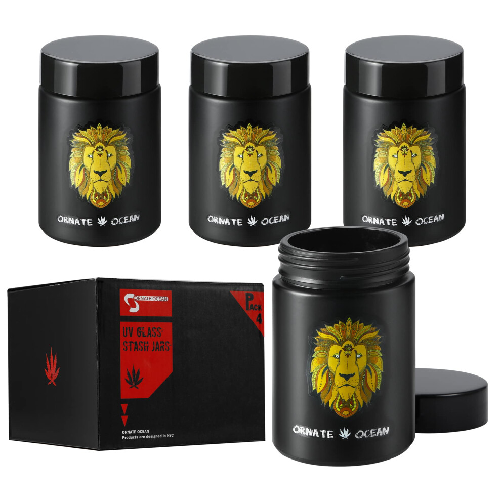 Ornate Ocean 4-Pack 250ml UV Glass Stash Jars Lion King - 4 Piece Set Multipurpose Storage Containers - Convenient Airtight Smell Free Screw Top Lid J