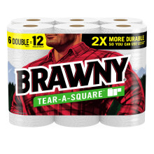 Asciugamani di carta Brawny Tear-A-Square 6 rotoli doppi = 12 rotoli normali 3 dimensioni di foglio (un quarto e mezzo pieno) Resistenza per tutt