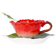 Philo Fun Hibiscus Flower Theekop en Schotelset 6 Oz Emaille Bloem Porseleinen Koffiekopje Schotelset met Lepel voor Vrouwen Handgemaakt Theeservies