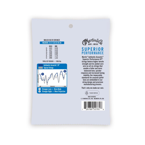 Martin Authentic Acoustic Guitar Strings  Superior Performance Medium 13-56  80/20 Bronze 1