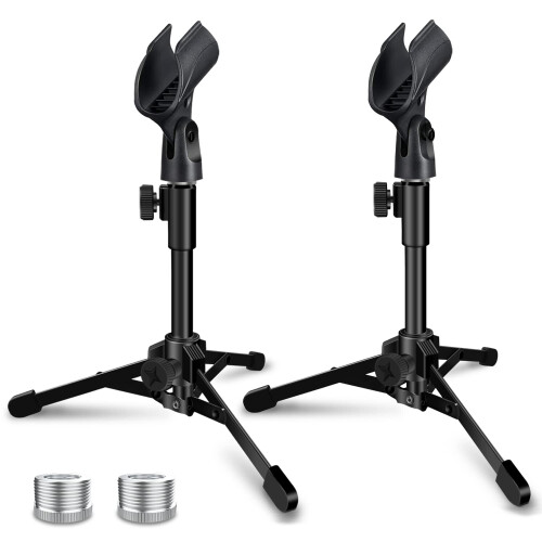 Mictop 2 Pack Desktop Mic Stand  Portable Foldable Tripod with Mic Clip Holder  Adjustable Microphone Stand For Dynamic Microphone.
