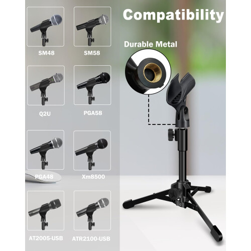 Mictop 2 Pack Desktop Mic Stand  Portable Foldable Tripod with Mic Clip Holder  Adjustable Microphone Stand For Dynamic Microphone. 1