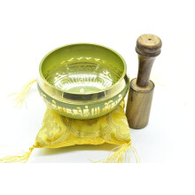 Set di campane tibetane per meditazione e yoga da 3,75"""" gialle con mazzuolo di legno e cuscino di seta in omaggio dalle campane tibetane del Nepal.