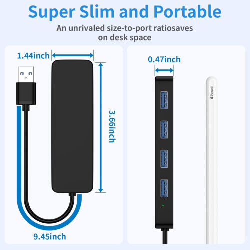 4-Port USB 3.0 Hub, 5Gbps Data Adapter for Laptop, Keyboard, Multiport Extender, 30cm/120cm Cable 2