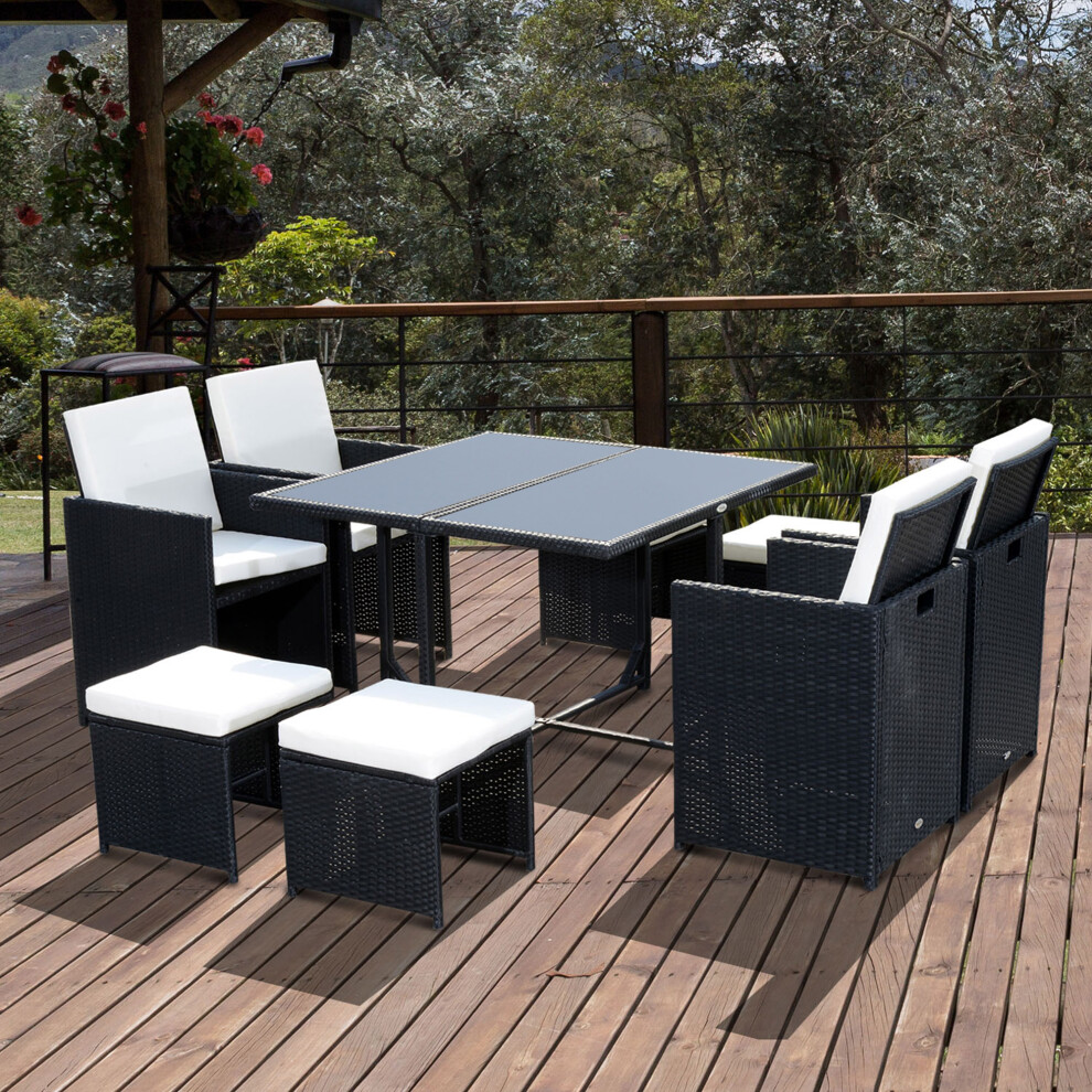 Outsunny 8 Seater Cube Rattan Dining Set With Cushions Glass Top Table Black