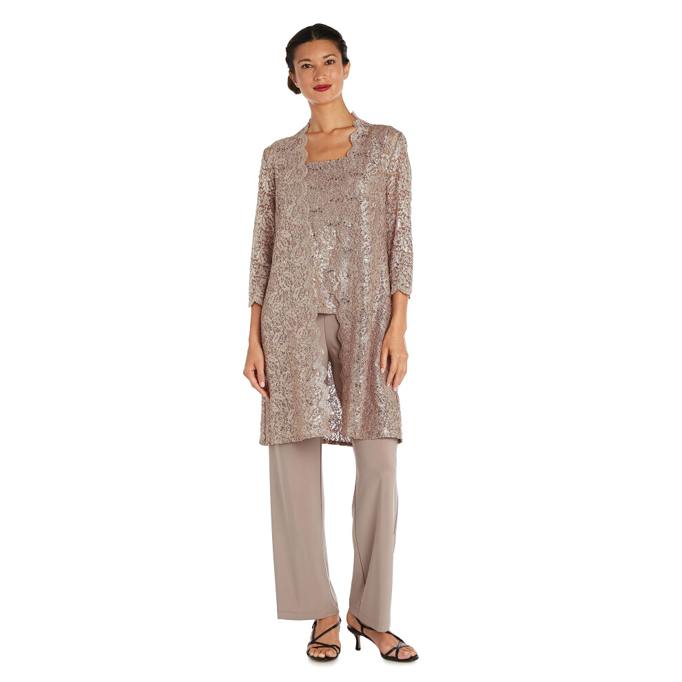 R&M Richards Women's Scallop Lace Duster Pant Set Champagne 8