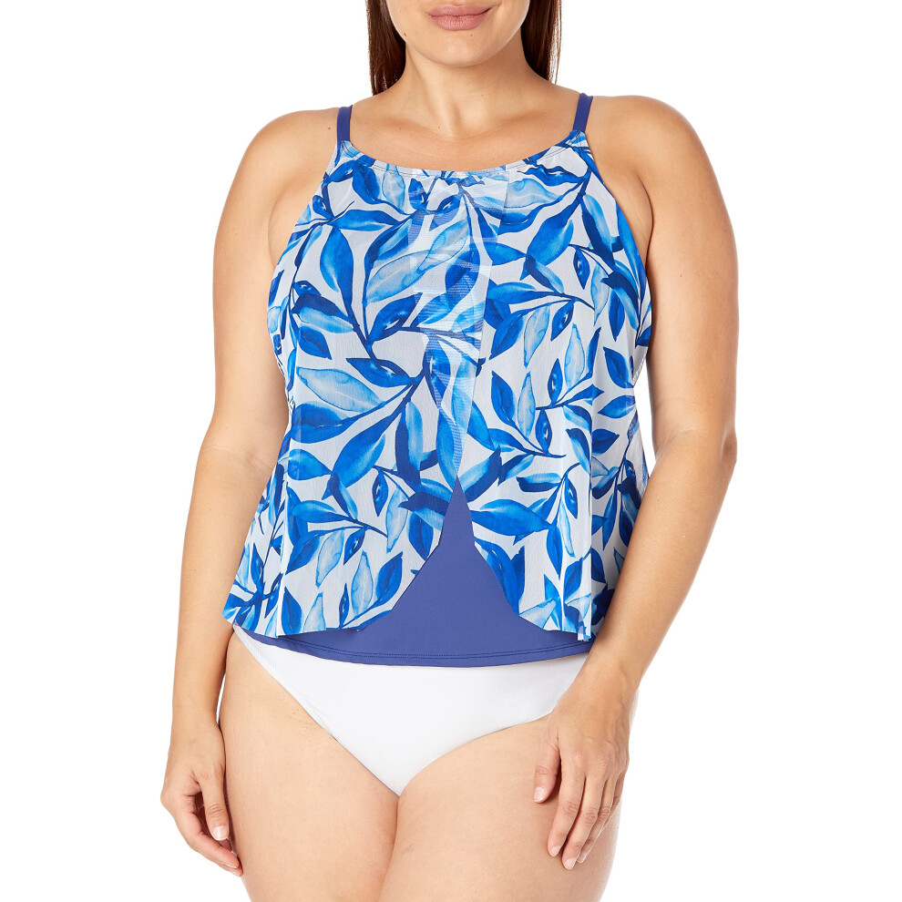 24th & Ocean Women's Plus Size Flyaway Front Tankini Swimsuit Top  Navy//Laila Leaf  16W