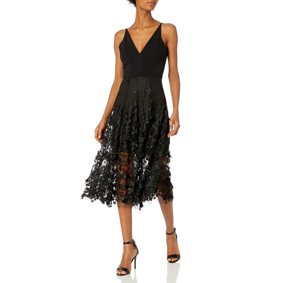 Dress the Population Women's Darleen Sleeveless 3D Floral Fit & Flare Midi Dress -Black M