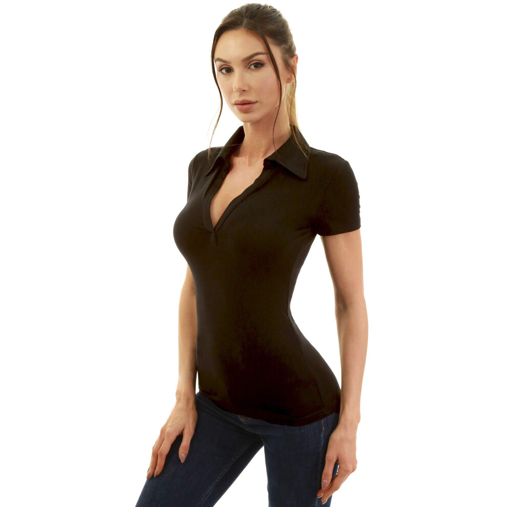 Polo Am?lieBoutik     manches courtes et col en V pour femme (noir, taille S)