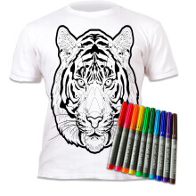 Splat Planet Color-in Tiger Pop Art T-Shirt with 10 Non-Toxic Washable Magic Pens - Color in and Wash Out T-Shirt (9-11 Years) White
