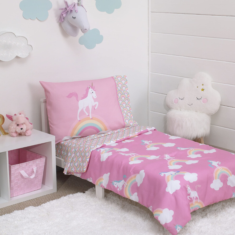 Parure de lit 4 pi   ces pour tout-petits EVERYTHING KIDS Rainbow Unicorn Rose Blanc et Arcs-en-ciel - Couette, drap-housse, drap plat et taie d'or