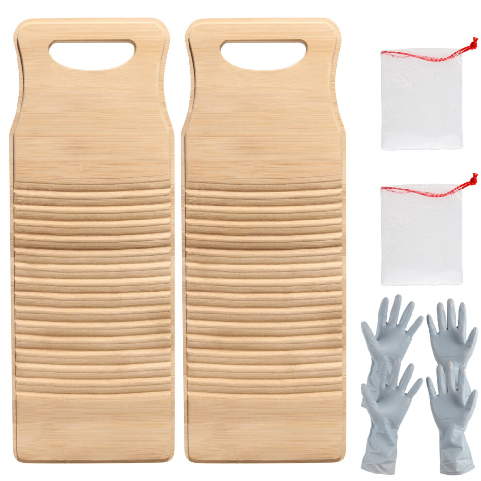 PINGEUI 2 Pack Bamboo Washboard  15.7x5.9x0.7 Inch Anti-slip Wood Washing Clothes Washboard with 2 Pair Rubber Gloves and 2 Soap Net  Hanging Washboar-image-OPC-PGC72V8-NEW