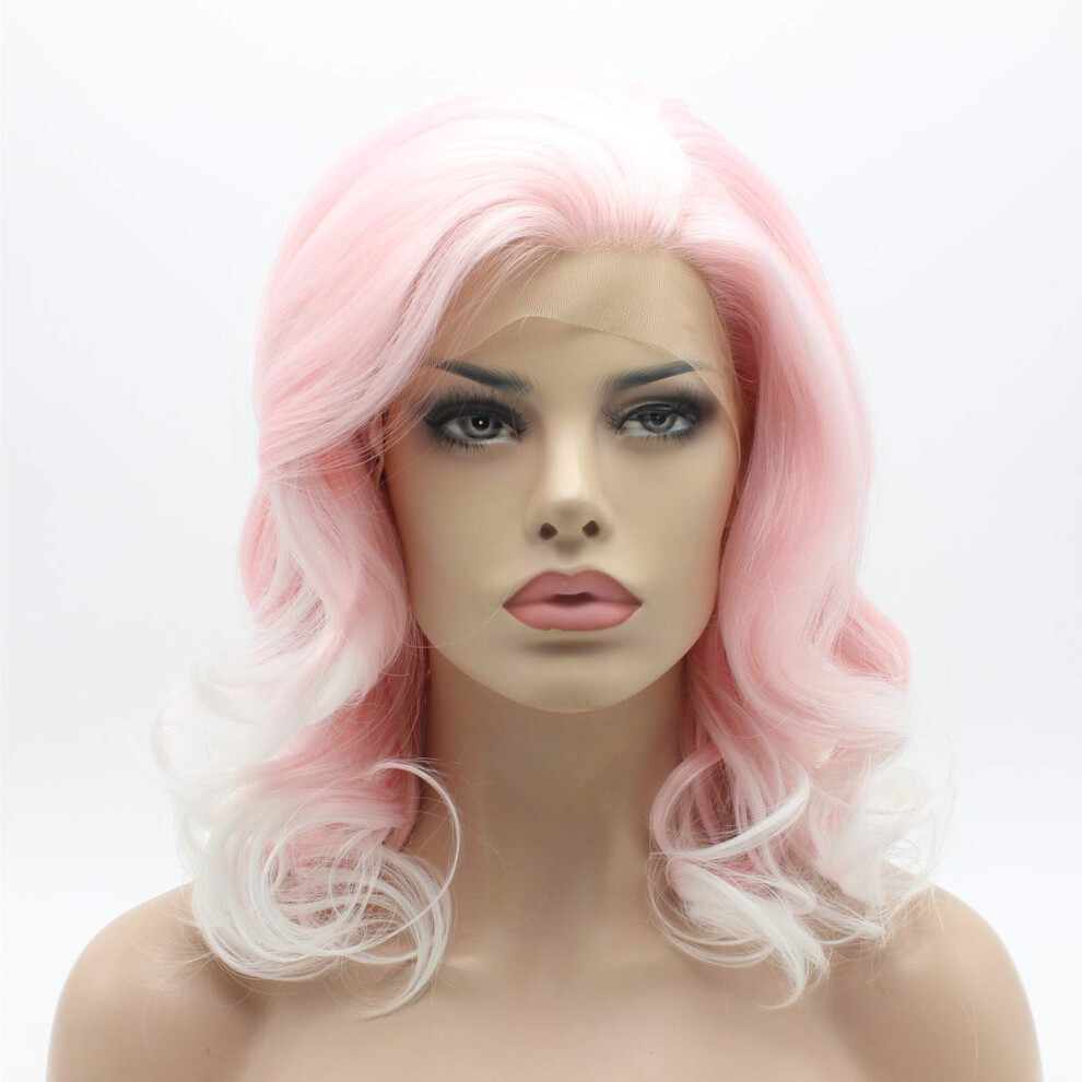 Lushy Wino Unisex Pink,White Lushy Medium Length Wavy Pink Root White Ombre Wig Full Density Half Hand Tied Heat Friendly Synthetic Lace Front Wig