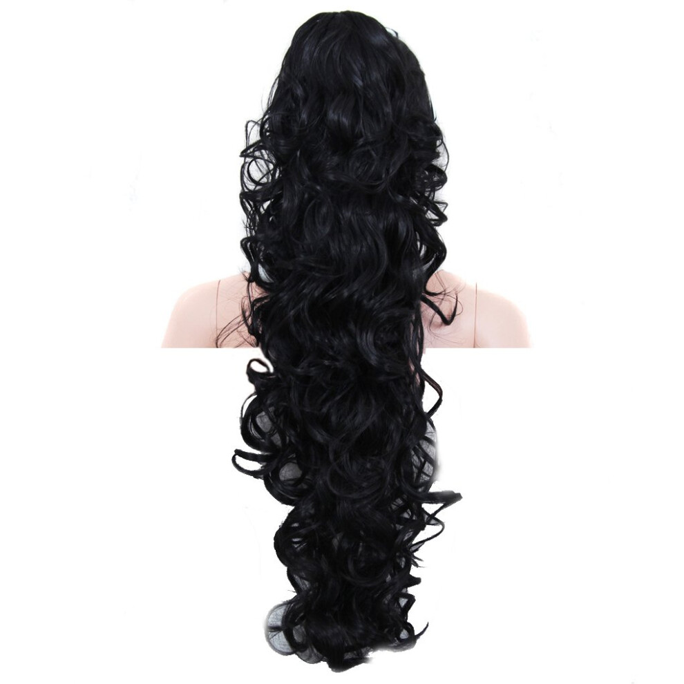 Kuki Unisex 31"""" Ponytail Hair Extension Long Curly Hair Clip In Claw Jaw Synthetic Hair Extension Hair Piece 1B