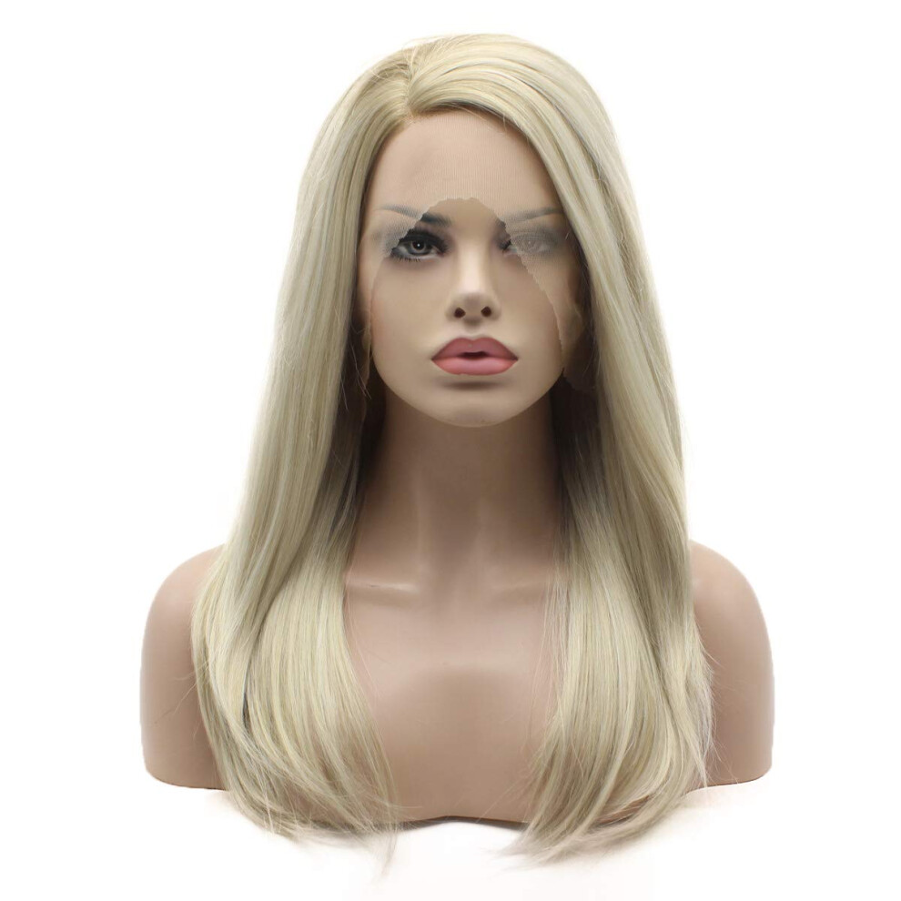 Lushy Wino Unisex Brown Lushy Medium Length Straight Root Blonde Ombre Wig Half Hand Tied Heat Friendly Synthetic Lace Front Wig