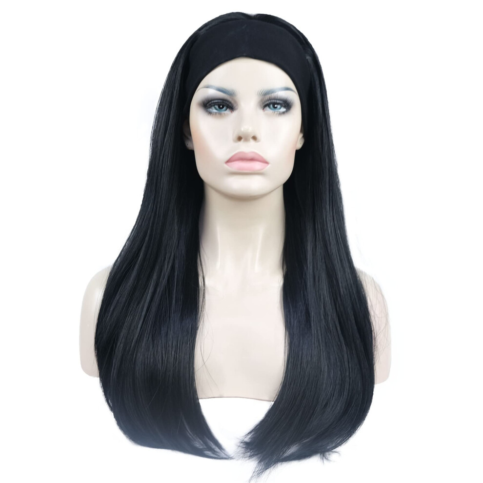 Aimole Unisex Black Long Straight 3/4 Women's Wigs Hair Piece Synthetic Hair With Headband(1-)