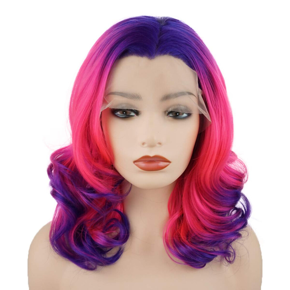 Meiyite Unisex Red,Purple Hair Wavy Shoulder Length 14Inch Two Tone Purple Rose Red Ombre Heavy Density Realistic Synthetic Lace Front Wig