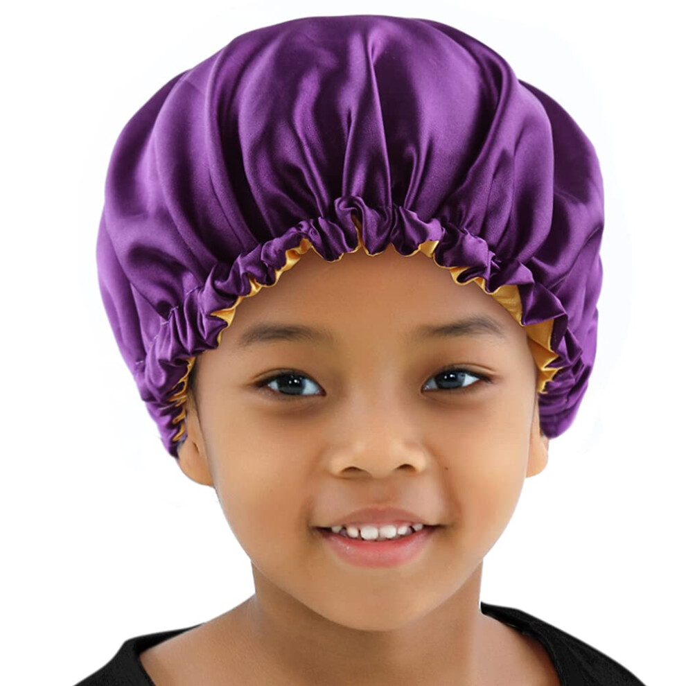Kids Bonnets Sleeping Caps Teens Toddler Child Baby Silky Satin Bonnet Night Cap Adjustable Reversible Double Layer Lavender/Yellow Elihair