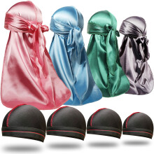 ForceWave 8PCS Silky Durag Men Wave Cap Long Tail Do Rag fr 360 Wave Dew Rag Packs