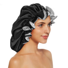 Silk Bonnets for Women Double Layer Extra Large Satin Sleeping Cap with Elastic Satin Bonnet for Curly Hair Satin Cap for Natural Hair Women Girl(Bl