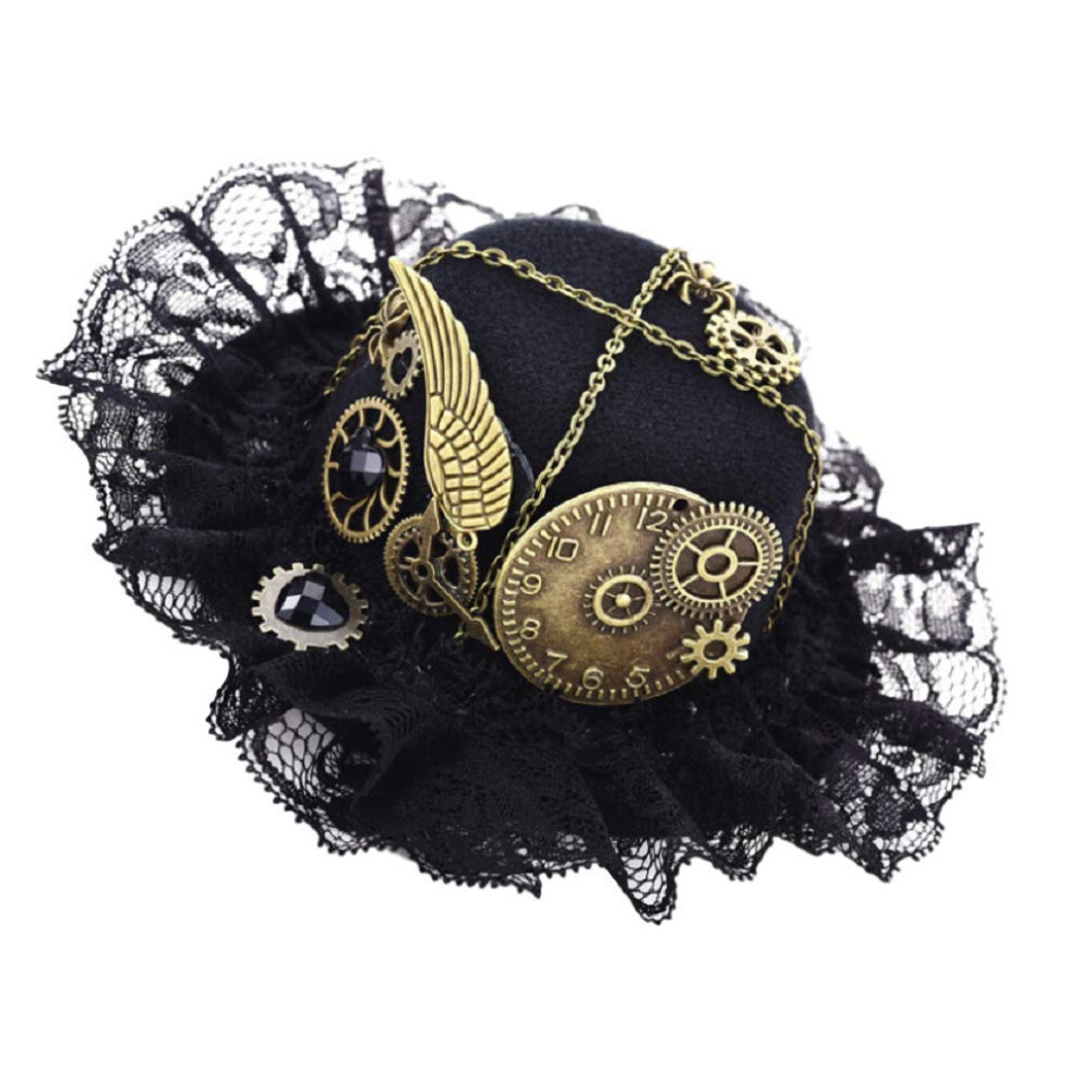 Gk-O Black Gothic Steampunk Wing Clock Mini Lace Trim Top Hat Hair Clip Victorian Headwear