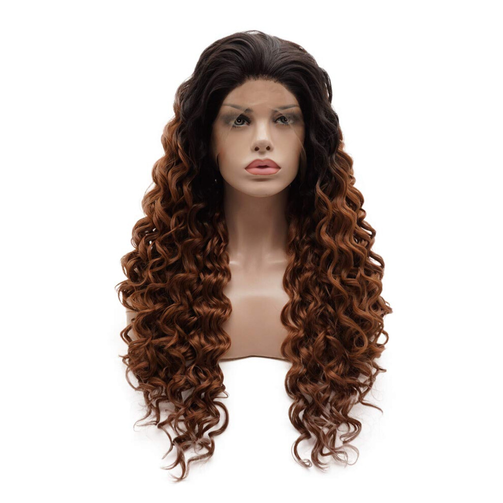 Exuberante Unisex Red Lushy Kinky Curly Long 26Inch Dark Root Auburn Ombre Wig Heavy Density Realistic Stylish Synthetic Lace Front Wigs