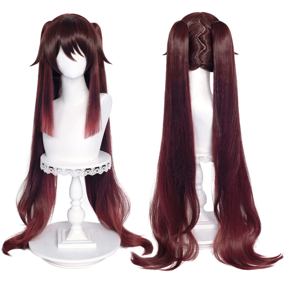 Wiggy Mermaid Unisex Brown Sl Pigtails Wig For Hu Tao Cosplay Wig Anime Straight Cosplay Hair Wigs With Ponytails + Cap (Hu Tao) Long